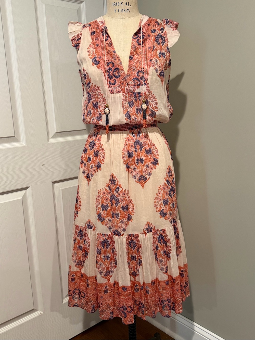 Boho Midi Dress in Cream with Coral & Blue Medallion Print